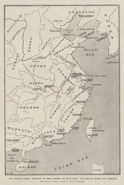 De Chinese crisis, posities van Port Arthur en Kiau-Chiau, bezet door Rusland en Duitsland, met namen van verdragssteden en -dorpen onderstreept door Thomas Sulman
